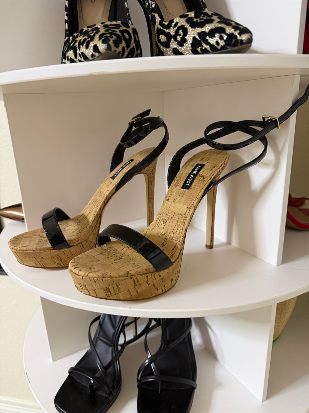 Nine West Black Patent Cork Platform Stiletto Sandals